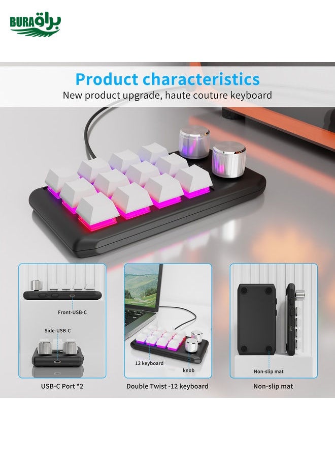 Bluetooth Wireless 12KV2 MOLD Mini Mechanical 12 Keys 2 Knob Custom Programming Keyboard(White)