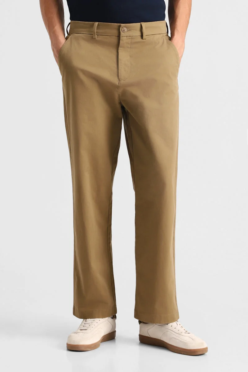 SNITCH Khaki Stretch Relaxed Fit Trousers for Men | Best Price UAE