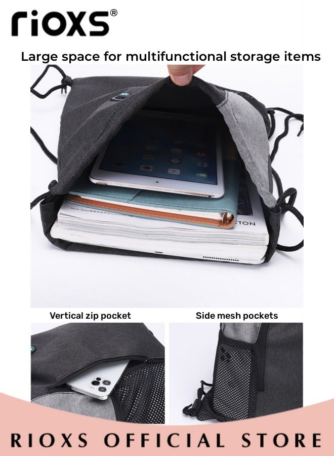 RIOXS Drawstring Backpack Bag for Adult Gymsack Bag with Pocket Gym Sports Bag Outdoor Exercise Running Swimming Backpack with Data Cable Storage Bag - Image 5