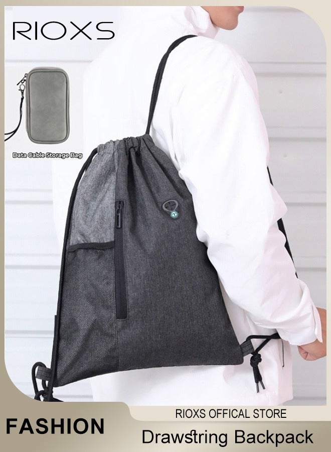 RIOXS Drawstring Backpack Bag for Adult Gymsack Bag with Pocket Gym Sports Bag Outdoor Exercise Running Swimming Backpack with Data Cable Storage Bag - Image 1