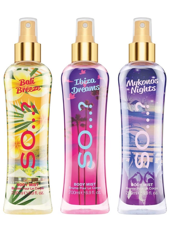 So..? So...? Summer Escapes Women's Body Mist Bundle | 200ml | Pack of 3 | Includes Bali Breeze, Ibiza Dreams & Mykonos Nights | Fruity, Floral & Tropical Scents | Long-Lasting & Refreshing Fragrance Sprays - Image 1
