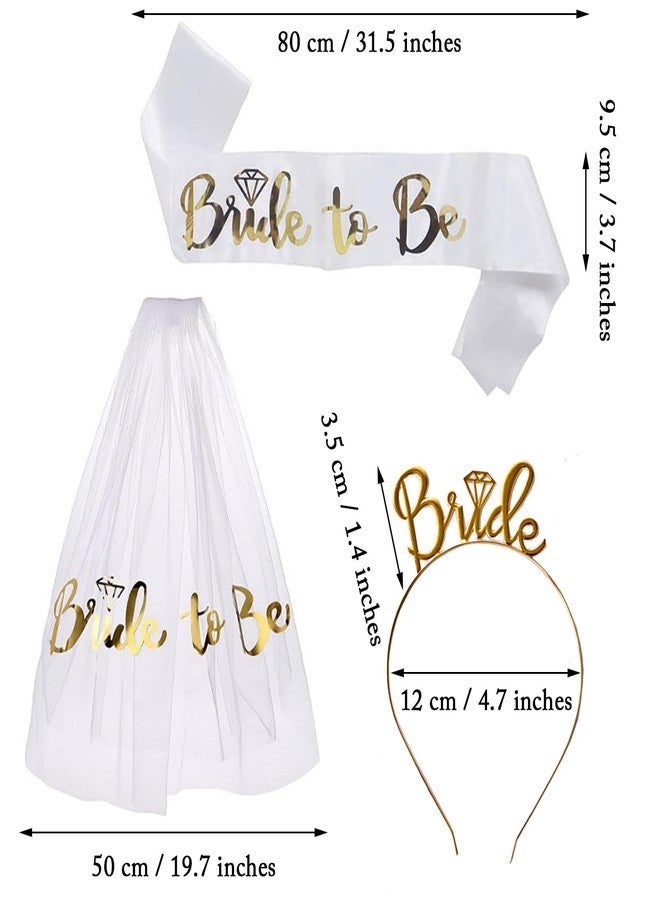 Chewarelly 3 Pack Bride to Be Decorations Set, Bride to Be Sash, White Bride Veil, Bride Headband Tiara for Bachelorette Party Bridal Shower Decoration(White with Gold) - Image 2