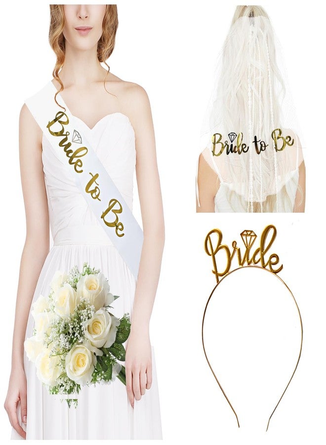 Chewarelly 3 Pack Bride to Be Decorations Set, Bride to Be Sash, White Bride Veil, Bride Headband Tiara for Bachelorette Party Bridal Shower Decoration(White with Gold) - Image 1