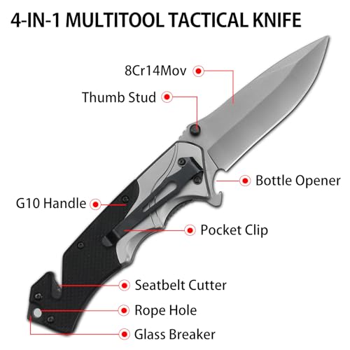 NedFoss FA49 Pocket Knife for Men, 4-in-1 Multitool Folding Knife with Glass Breaker, Seat Belt Cutter, Bottle Opener, Survival Knife for Emergency Rescue Situations, Home Improvements - Image 4
