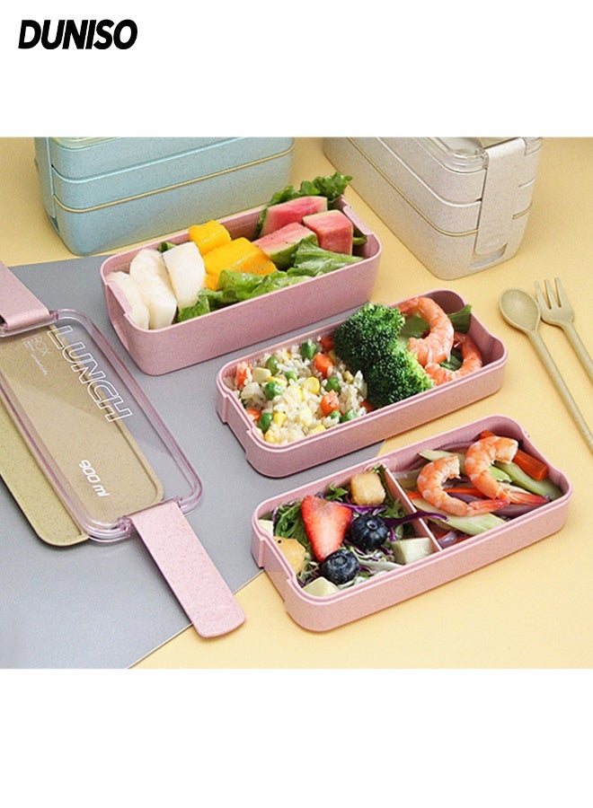 DUNISO 3 Layer Bento Box Large Capacity Leak-Proof Lunch Container with Adjustable Compartments 4-in-1Meal Prep Container Box with Fork and Spoon Portable Meal Prep Container Food Storage Box for School Office Camping Outdoor， Microwaveable Safe - Image 1