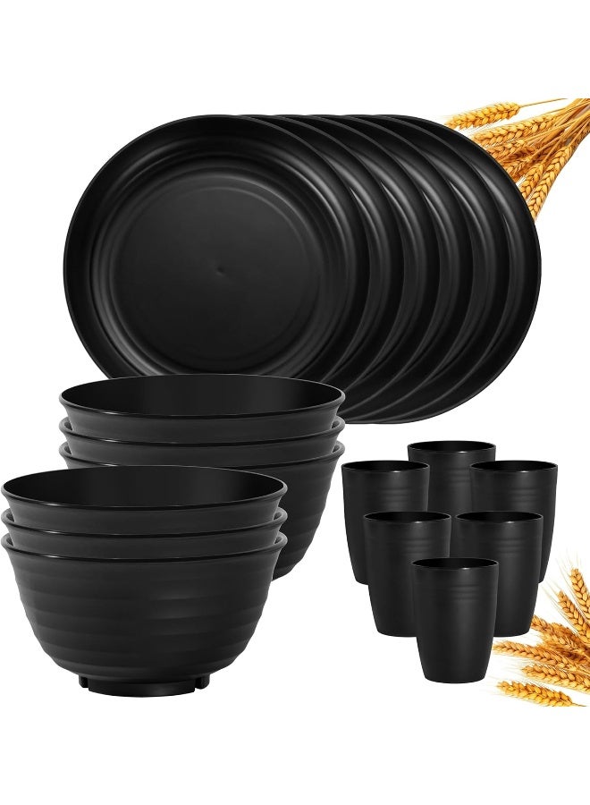 Klickpick Home 18 Pieces wheatstraw Dinnerware Set with 6 Each of Dinner Plates Cereal Salad Bowls Cups Unbreakable Modern Dinner Set for Microwave Dishwasher Safe Reusable Black - Image 1