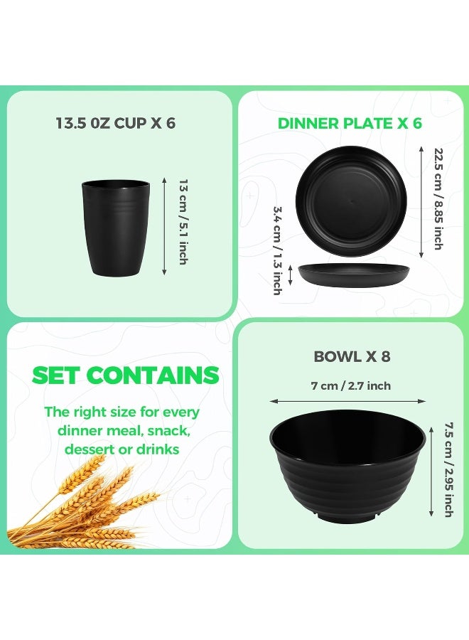 Klickpick Home 18 Pieces wheatstraw Dinnerware Set with 6 Each of Dinner Plates Cereal Salad Bowls Cups Unbreakable Modern Dinner Set for Microwave Dishwasher Safe Reusable Black - Image 2