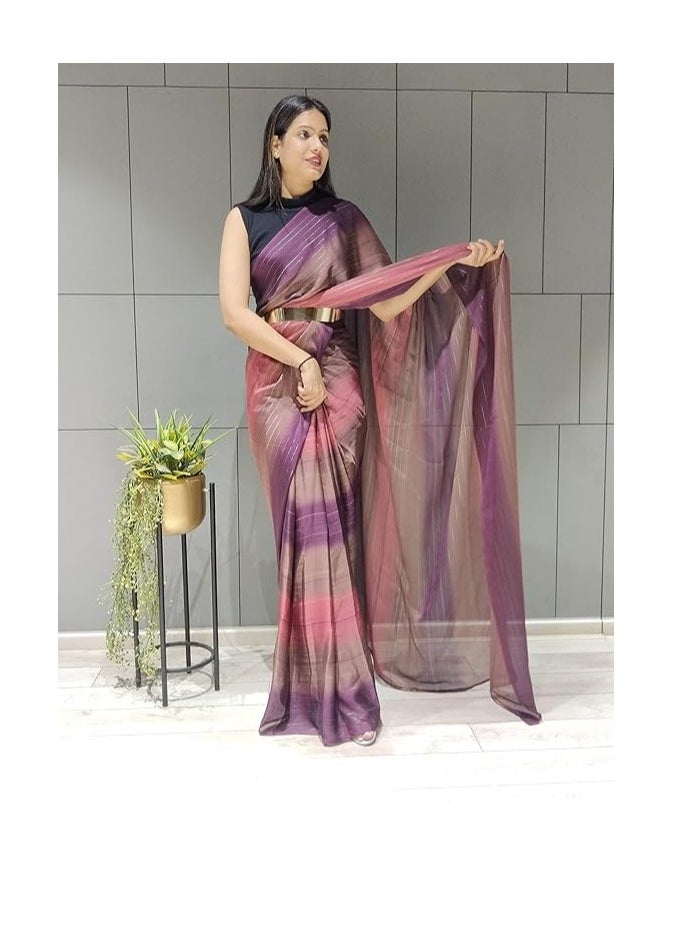 Women's Chiffon Georgette Ready To Wear Draped Saree With Unstitched Blouse Piece (Free Size)