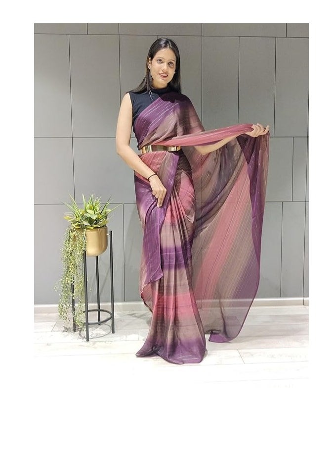Women's Chiffon Georgette Ready To Wear Draped Saree With Unstitched Blouse Piece (Free Size)