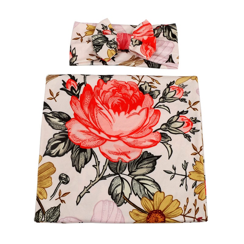 Galabloomer Newborn Receiving Blanket Headband Set Flower Print Baby Swaddle Blankets (Garden Flower) - Image 2