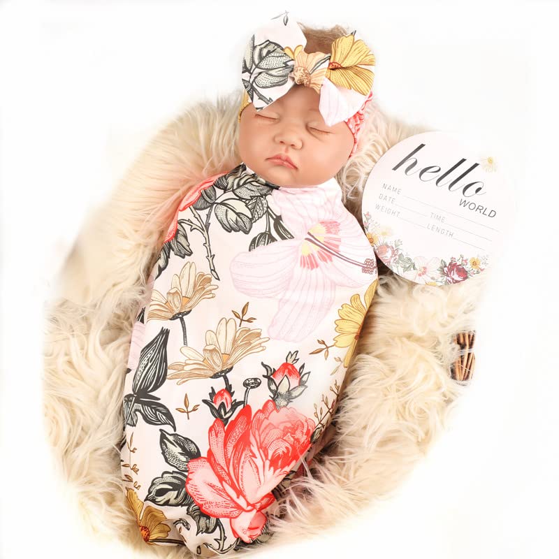 Galabloomer Newborn Receiving Blanket Headband Set Flower Print Baby Swaddle Blankets (Garden Flower) - Image 1