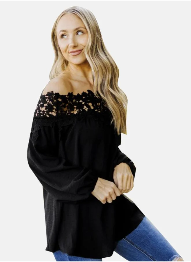 YUNIQEE Black Blooming Lace Off The Shoulder Top