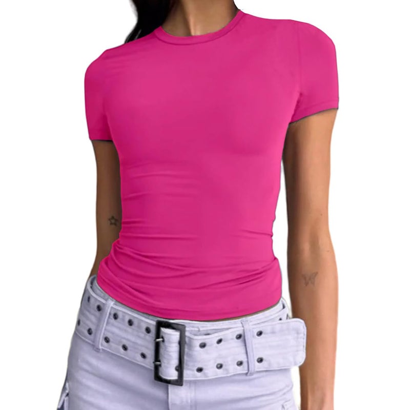 Dwnval Womens Classic Short Sleeve Summer TOS Crew Neck Slim Fit Crop T Shirt(Hot Pink, S) - Image 1
