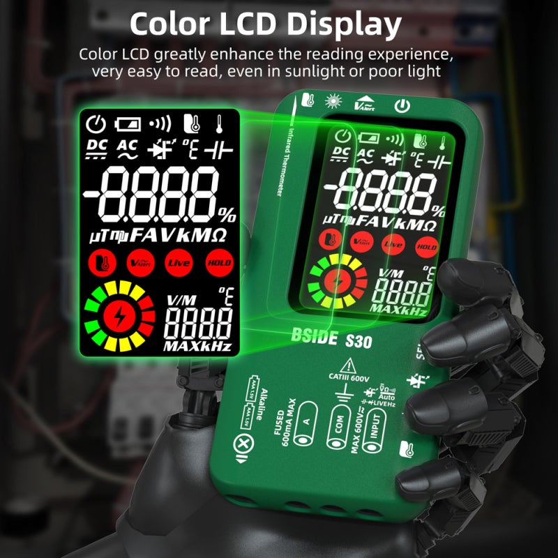 مقياس الكتروني رقمي 4 في 1 مع شاشة LCD ملونة بنصفحة 3.5 بوصة ومقياس حراري بالأشعة تحت الحمراء مع التعرف الذكي التلقائي - تصميم محمض ومضغوط وقلم اختبار كهربائي للكهربائيين المحترفين والصناعات الذاتية في المنزل والسيارات - Image 5
