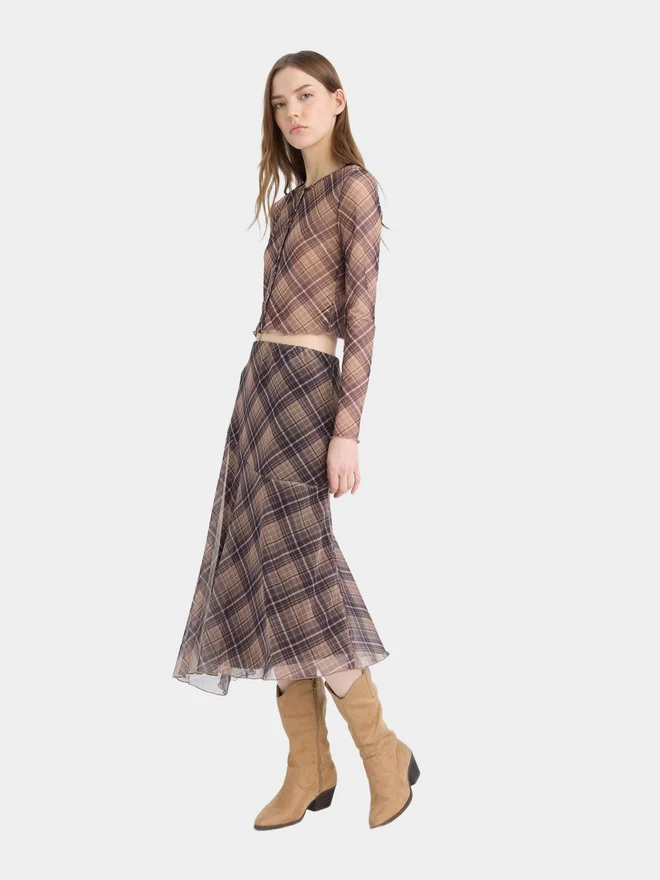 DeFacto DeFacto Brown Asymmetrical Checked Normal Waist Midi Skirt