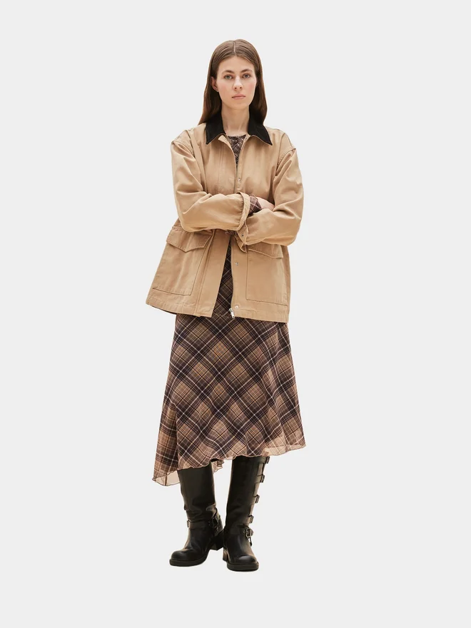 DeFacto DeFacto Brown Asymmetrical Checked Normal Waist Midi Skirt