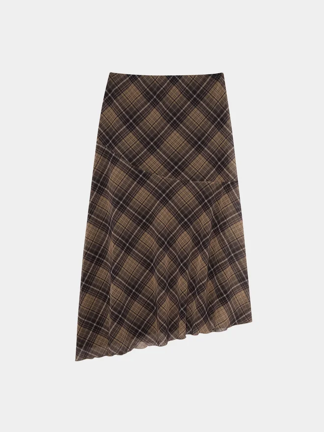 DeFacto DeFacto Brown Asymmetrical Checked Normal Waist Midi Skirt