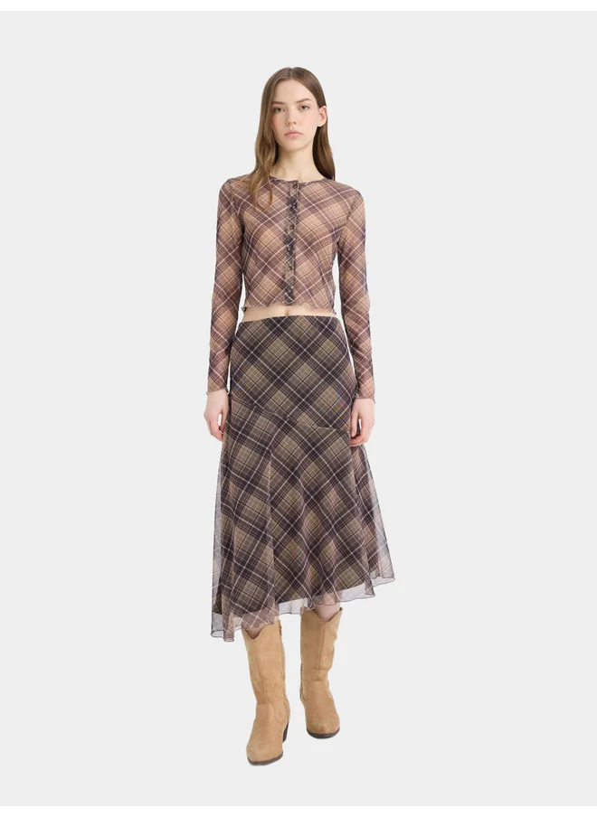DeFacto DeFacto Brown Asymmetrical Checked Normal Waist Midi Skirt