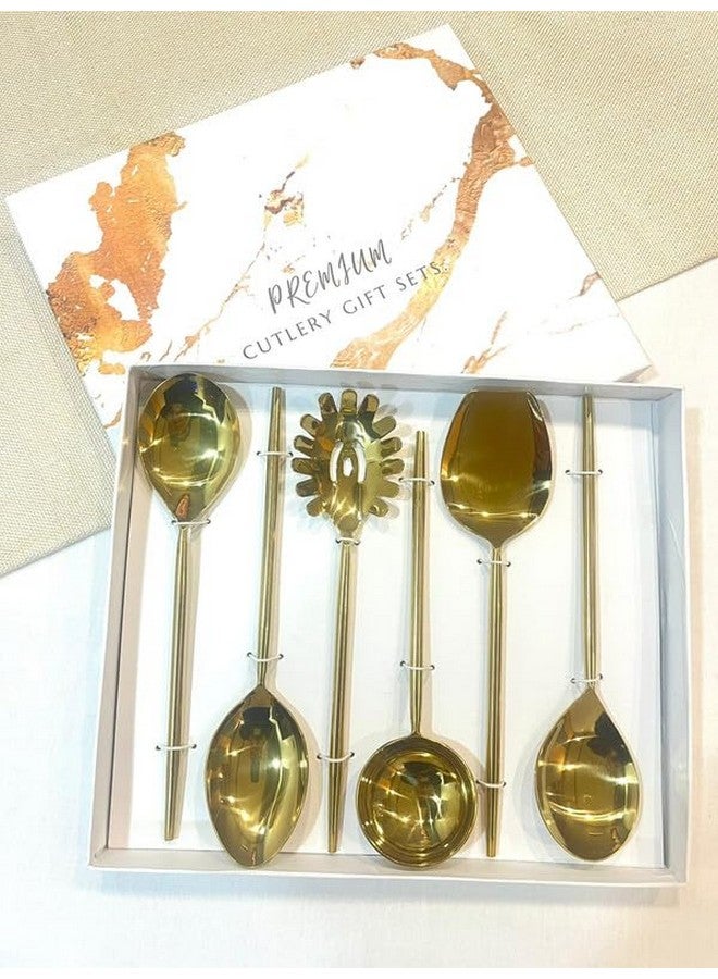 MFU-MADE FOR YOU MFU-صنع من أجلك مجموعة ملاعق تقديم بتصميم عقدة ذهبية 6 قطع، ملاعق تقديم من الفولاذ المقاوم للصدأ، تشطيب ناعم وتصميم أنيق، ملعقة تقديم سهلة الاستخدام للاستخدام اليومي أو العشاء الخاص (اللون-ذهبي) - Image 5