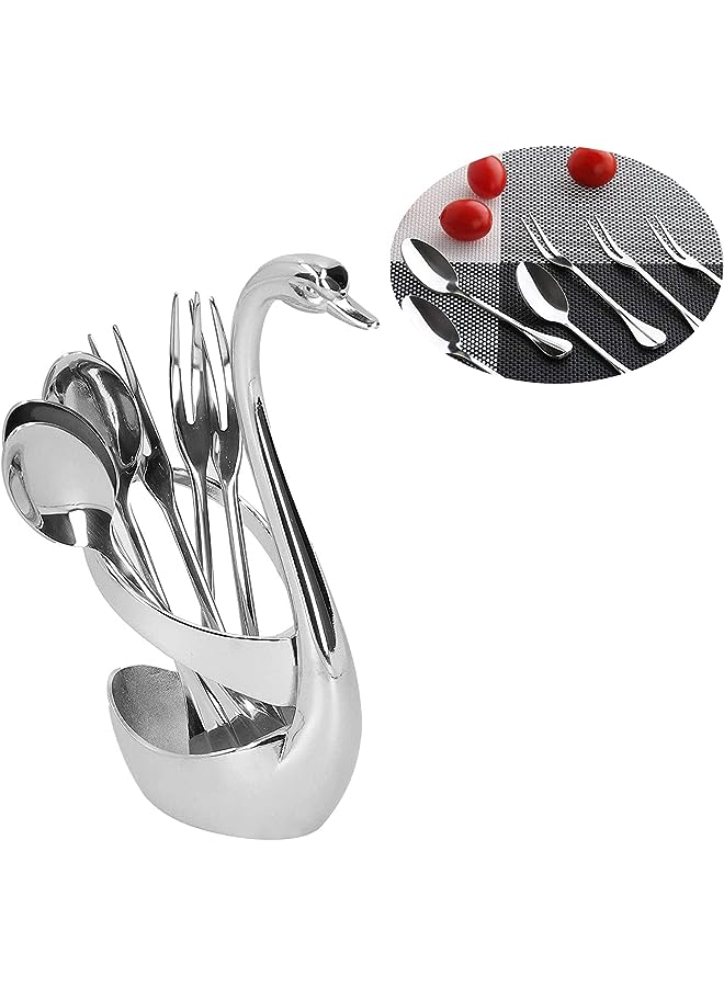 vesus Steel Flatware Set Dessert Cutlery Set Includes Swan Tableware Storage Rack Base 3 Forks+3 Spoons Silver Flatware Set for Kitchen and Restaurant Silverware Modern Silver Holder - Image 1