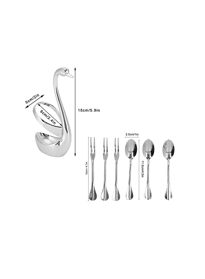 vesus Steel Flatware Set Dessert Cutlery Set Includes Swan Tableware Storage Rack Base 3 Forks+3 Spoons Silver Flatware Set for Kitchen and Restaurant Silverware Modern Silver Holder - Image 2
