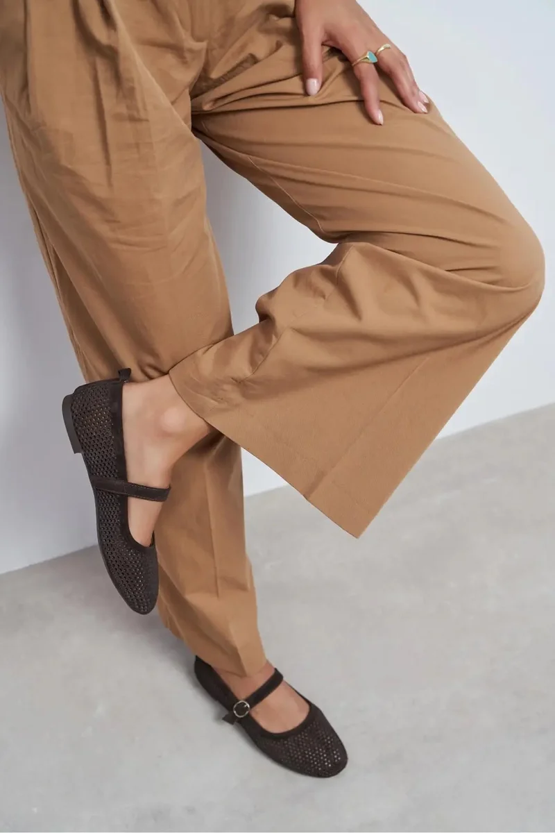 Nisantasi Shoes Titi Suede Studded Genuine Leather Buckle Detail Ballet Flat — Bitter Brown
