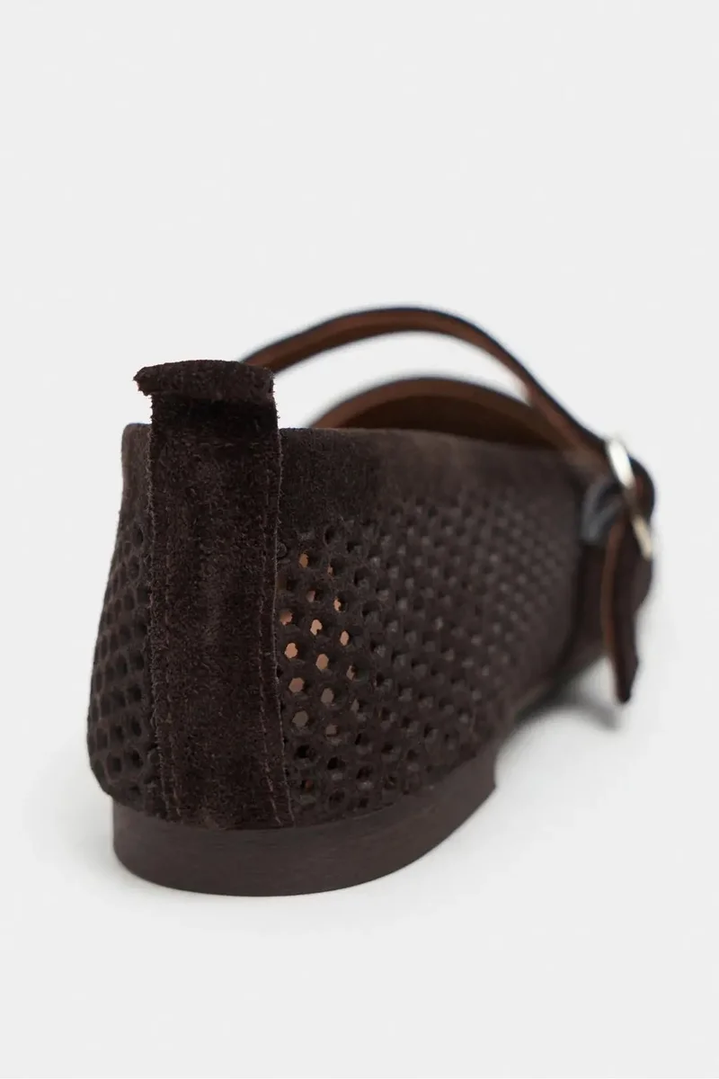Nisantasi Shoes  Titi Suede Studded Genuine Leather Buckle Detail Ballet Flat — Bitter Brown for Women | Best Price UAE