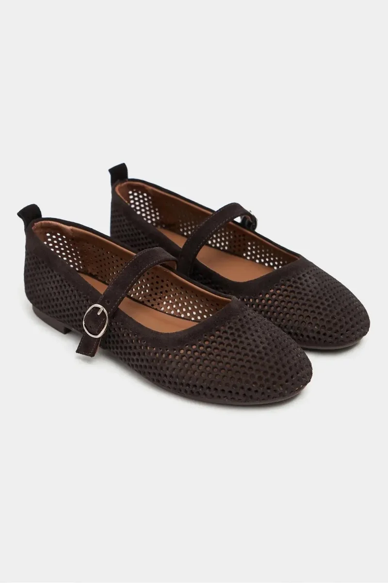 Nisantasi Shoes  Titi Suede Studded Genuine Leather Buckle Detail Ballet Flat — Bitter Brown for Women | Best Price UAE
