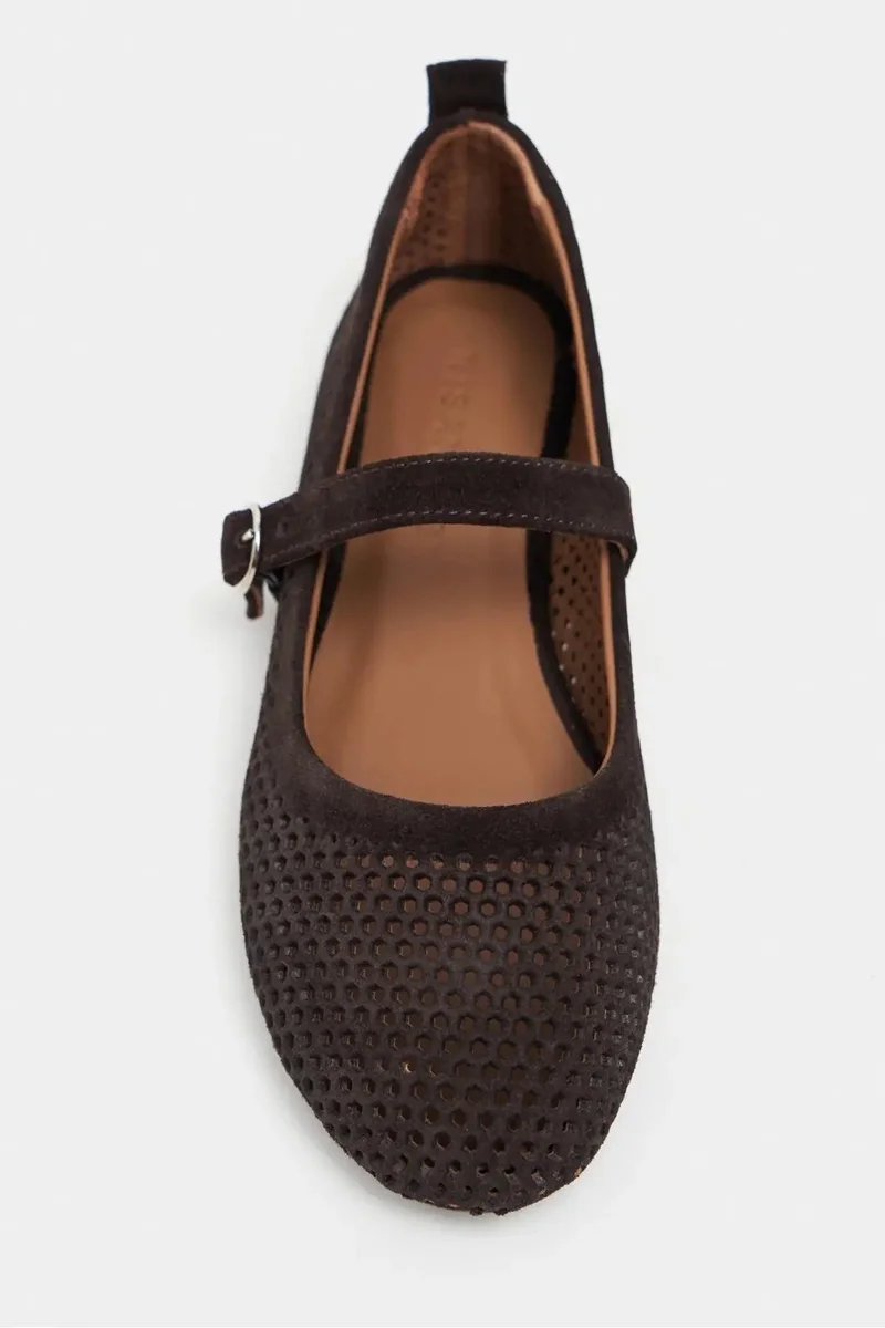 Nisantasi Shoes  Titi Suede Studded Genuine Leather Buckle Detail Ballet Flat — Bitter Brown for Women | Best Price UAE