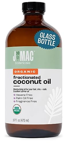 J MAC BOTANICALS Organic Fractionated Coconut Oil 16 Ounce Glass Bottle Organic Carrier Oil and for DIluting Essential Oils Moisturizer Hair Care