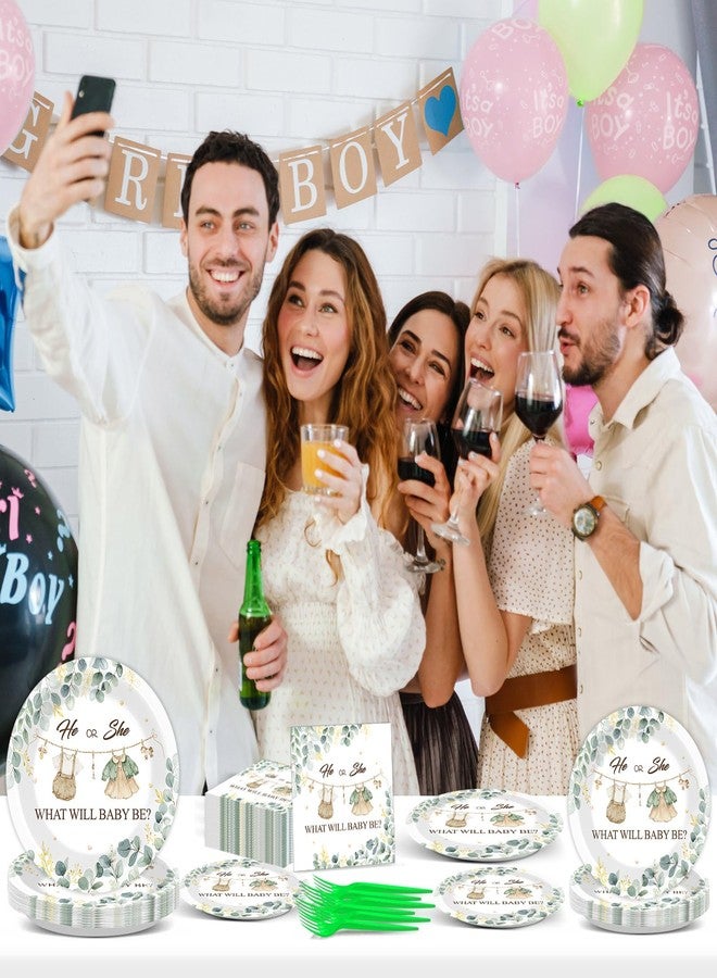 200 قطعة من زينة الكشف عن جنس المولود (ذكر أو أنثى) - أطباق ومناديل خضراء بنقشة الأوكالبتوس - أدوات مائدة للاستخدام مرة واحدة - ألوان محايدة - هدايا لحفلات استقبال المولود - تكفي 50 شخصًا - Image 5