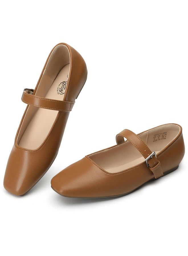Trary Mary Jane Shoes Women Woven Flats for Women Dressy Ballet Flats Squared Toe Mary Jane Flats Shoes, Pu Brown, 8 - Image 1