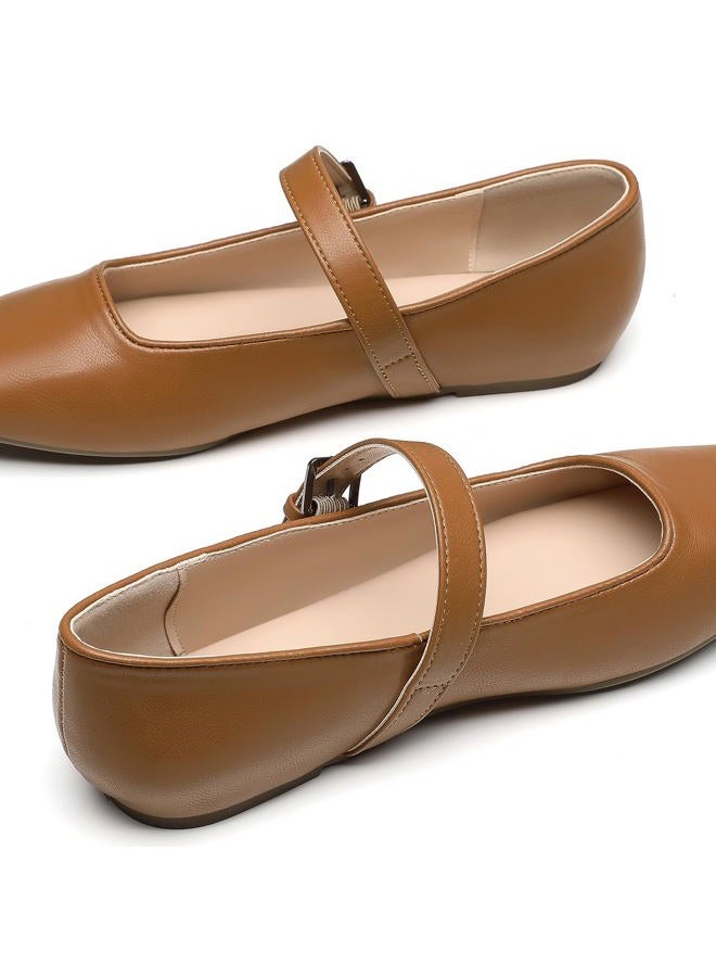 Trary Mary Jane Shoes Women Woven Flats for Women Dressy Ballet Flats Squared Toe Mary Jane Flats Shoes, Pu Brown, 8 - Image 5
