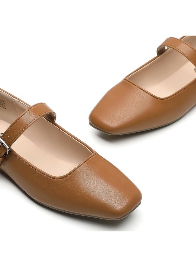 Trary Mary Jane Shoes Women Woven Flats for Women Dressy Ballet Flats Squared Toe Mary Jane Flats Shoes, Pu Brown, 8 - Image 4