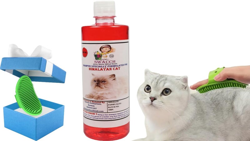 Swacch Himalayan Cat Shampoo -500ml (Strawberry) + Bath Brush with Adjustable Straps Combo Pack - Image 1