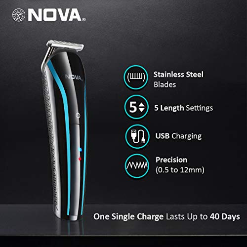 Nova نوفا NHT 1073 قابل لإعادة الشحن عبر USB وبدون سلك: ماكينة قص شعر احترافية للرجال، باللون الأزرق - Image 2