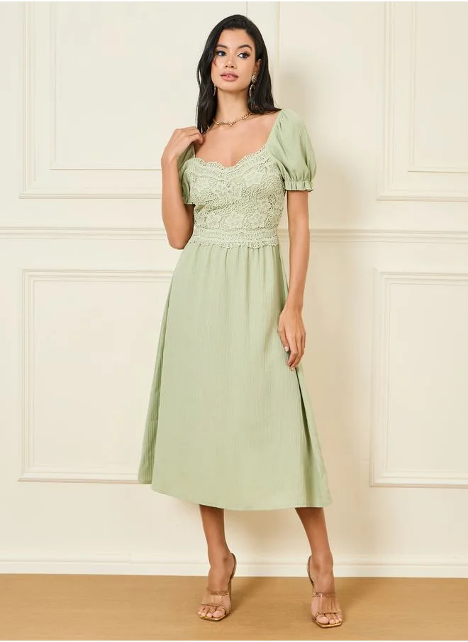 Styli Lace Detail Puff Sleeves Midi A-Line Dress