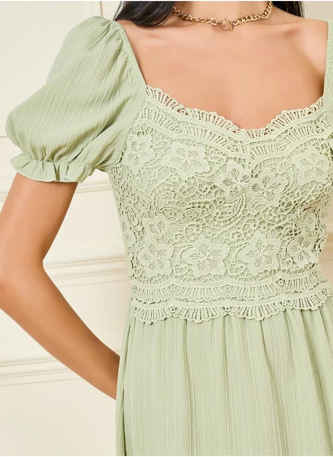 Styli Lace Detail Puff Sleeves Midi A-Line Dress