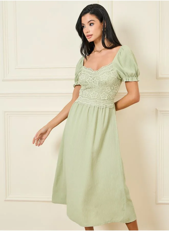 Styli Lace Detail Puff Sleeves Midi A-Line Dress