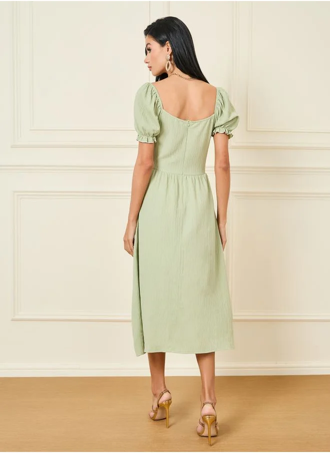 Styli Lace Detail Puff Sleeves Midi A-Line Dress