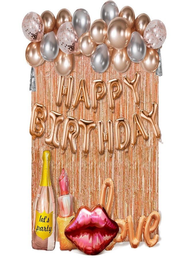 K.E.J. Rose Gold Birthday Decorations Set for Women,Happy Birthday Letter Balloon Banner,Foil Balloons,Lip Balloon, Fringe Curtain Backdrop for Happy Birthday Party Supplies - Image 1