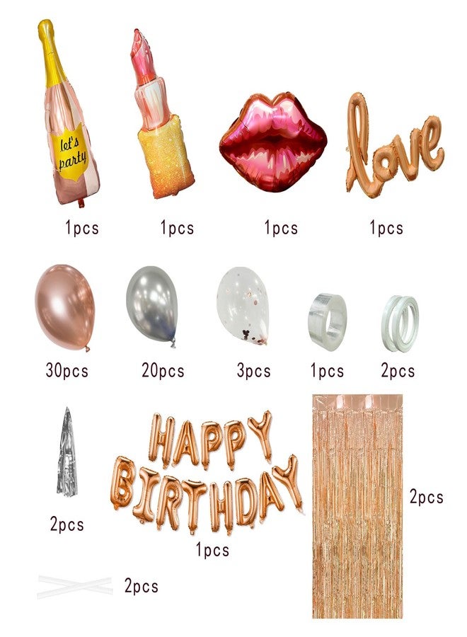 K.E.J. Rose Gold Birthday Decorations Set for Women,Happy Birthday Letter Balloon Banner,Foil Balloons,Lip Balloon, Fringe Curtain Backdrop for Happy Birthday Party Supplies - Image 3