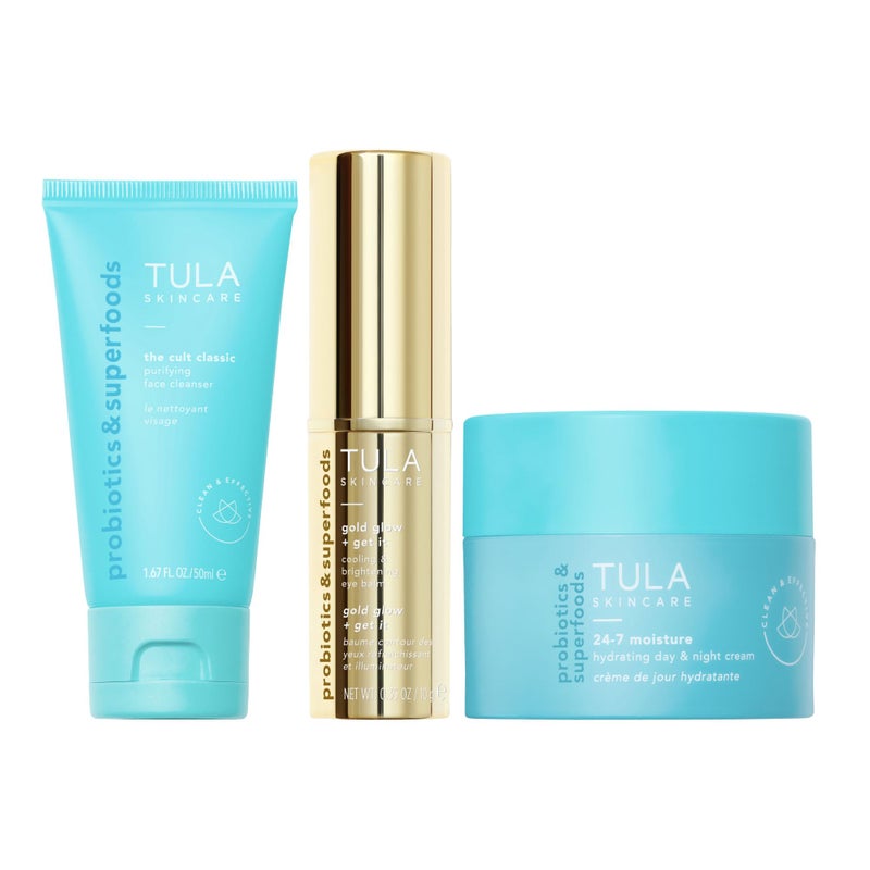 TULA Skin Care Greatest Hits Skincare Discovery Kit, Includes Gold Glow & Get It Eye Balm 0.35 oz., The Cult Classic Cleanser 50ml, 24-7 Moisture Hydrating Day & Night Cream 15ml, 3-Piece Kit - Image 1
