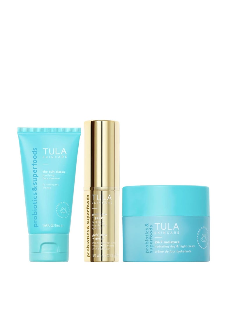 TULA - TULA Skin Care Greatest Hits Skincare Discovery Kit, Includes Gold Glow & Get It Eye Balm 0.35 oz., The Cult Classic Cleanser 50ml, 24-7 Moisture Hydrating Day & Night Cream 15ml, 3-Piece Kit - Image 1
