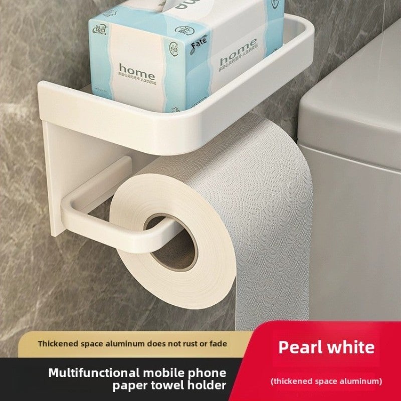 Gun Gray Space Aluminum Paper Towel Holder Bathroom Punch-Free Roll Paper Holder Storage Rack Toilet Mobile Phone Holder Storage(Punch-free-space aluminum white tissue holder) - Image 1