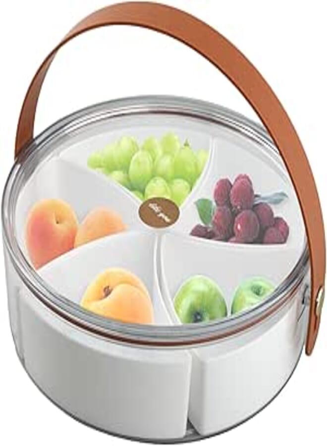 Hinmay Clear Divided Serving Tray with Lid & Handle, Round Plastic Snack Tray with 5 Compartment, Portable Platter Food Storage Container for Appetizer, Snack, Dried Fruit, Party