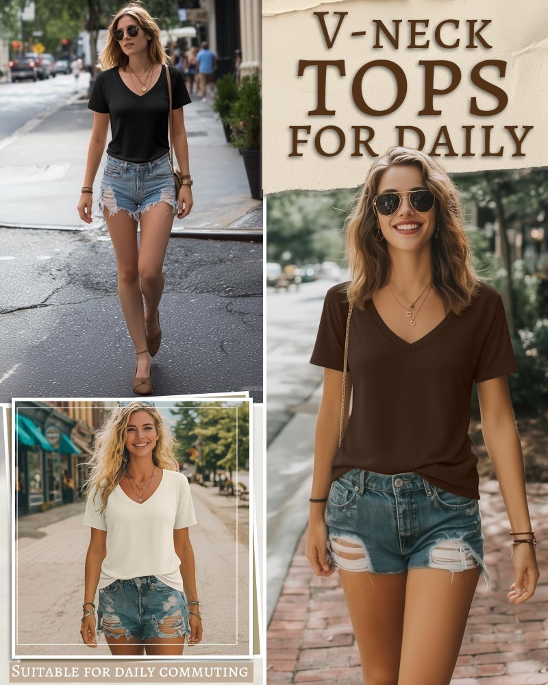 Riyiper 3 Pack Women's V Neck T-Shirts Short Sleeve Loose Fit Tops Casual Basic Trendy Straight Hem Plain Tees(XL,Black, Brown, Cream) - Image 3