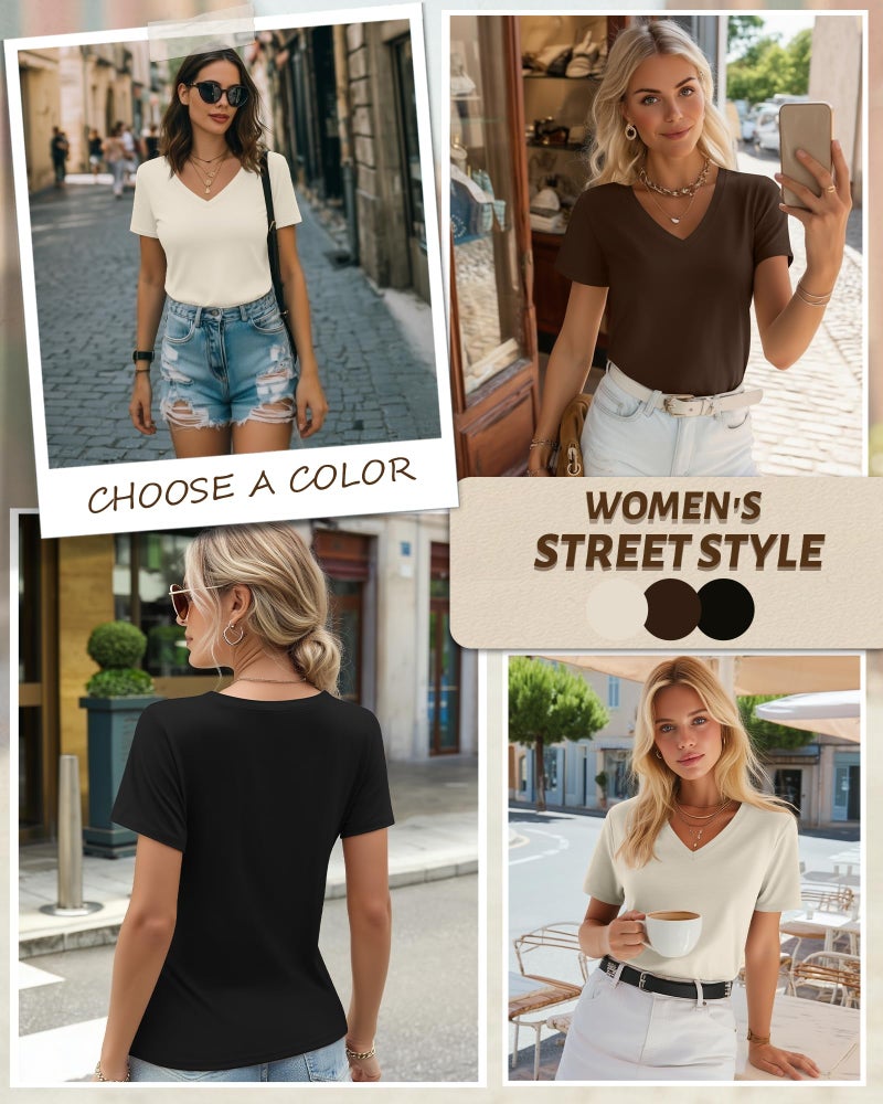 Riyiper 3 Pack Women's V Neck T-Shirts Short Sleeve Loose Fit Tops Casual Basic Trendy Straight Hem Plain Tees(XL,Black, Brown, Cream) - Image 2