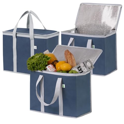 VENO 3 Pack Cooler Bag Insulated Reusable Grocery Shopping Bag, Food Delivery, Heavy Duty, Large Size, Durable Handles, Double Zippers, Lid, Collapsible (Dark Blue, 3 Pack) - Image 1