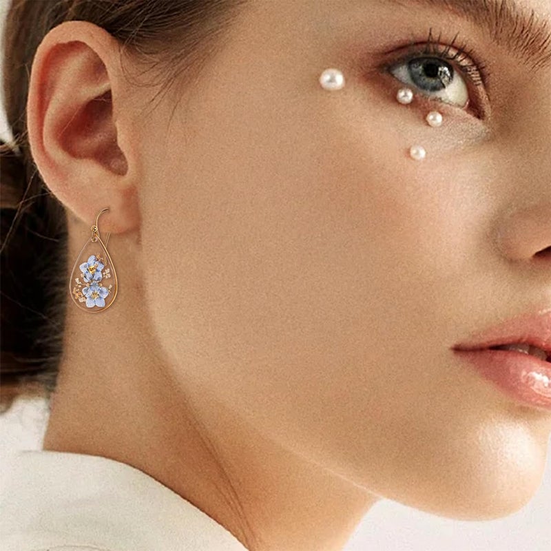 Jean Beau JeanBeau Handmade Pressed Flower Earrings for Women, Forget Me Wildflower Earrings Resin Blue Dried Flowers Gold Teardrop Dangle Drop Statement Floral Earings Jewelry Gift - Image 3